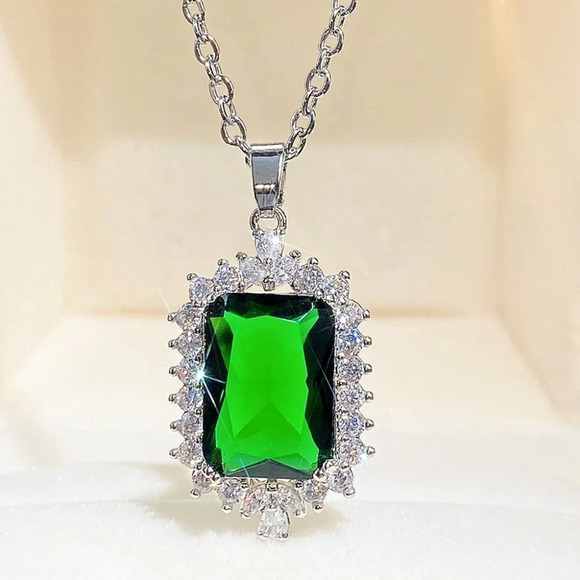🔥 Rectangle Style Silver Plated Green Color CZ Necklace for Women, HA4478 - Picture 4 of 6